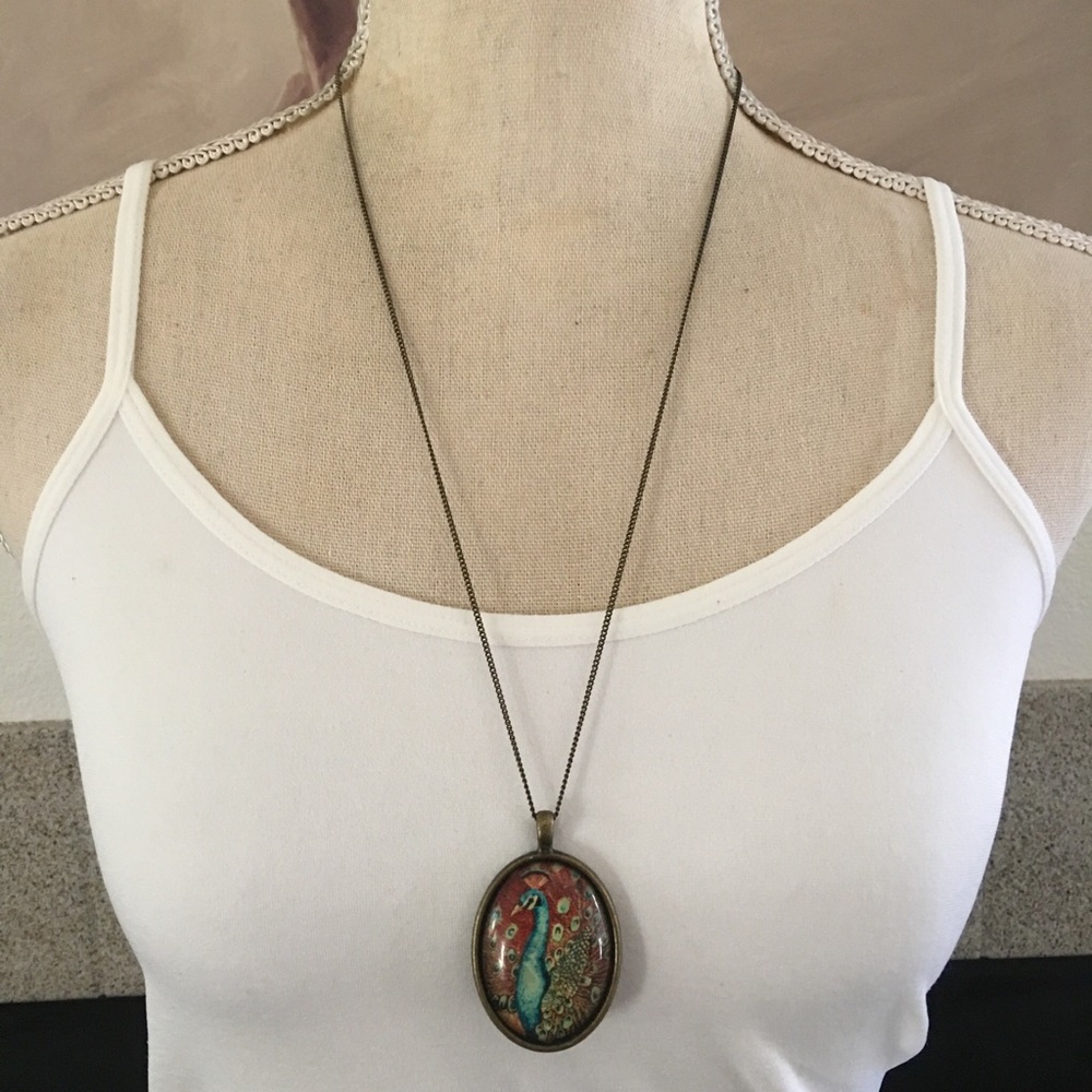 Colorful peacock resin cameo brass setting and chain necklace